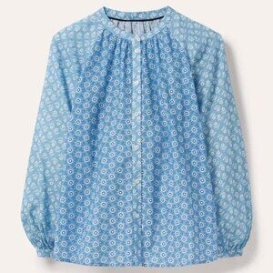 BODEN BLUE FLORAL AND GEOMETRIC BLOCK PRINT BLOUSE